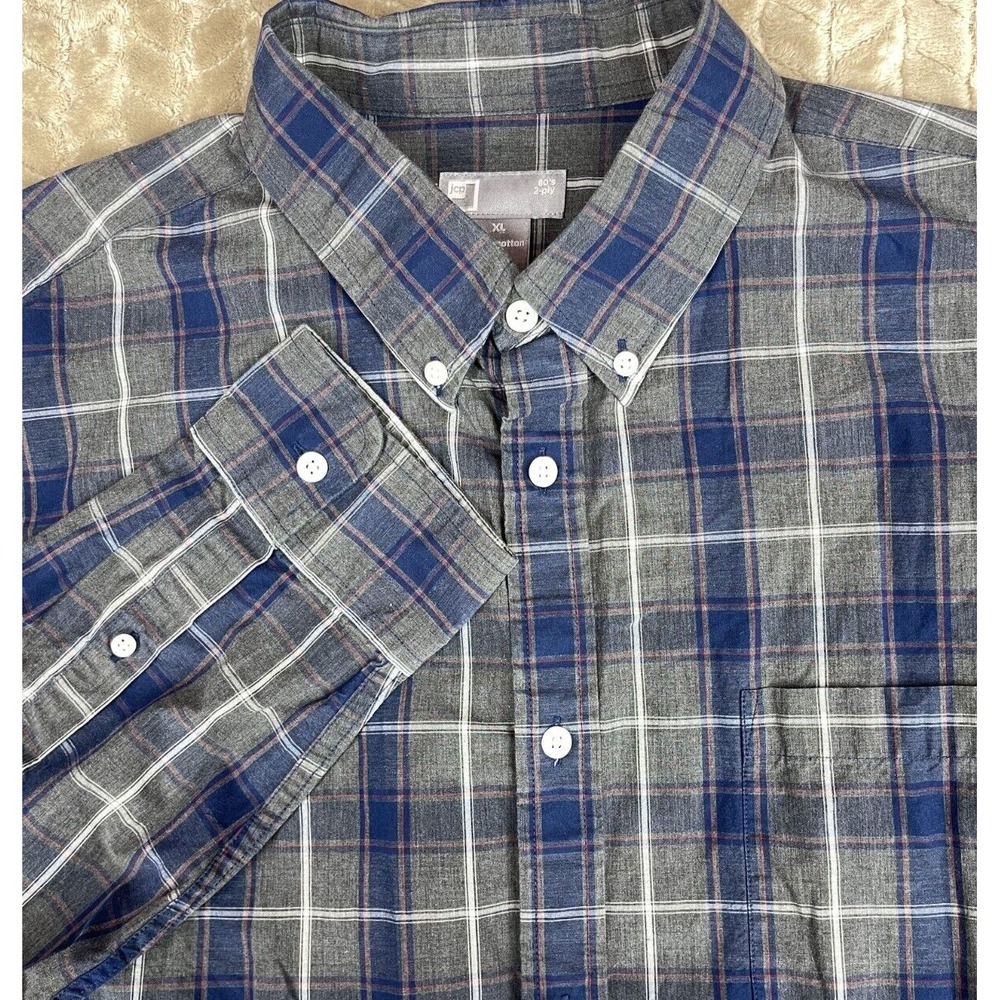JCP Shirt XL Men's 80's 2 Ply Button Down Plaid Cotton Long‎ Sleeve